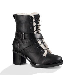 UGG Ingrid Leather and Sheepskin Heeled Boot in Black